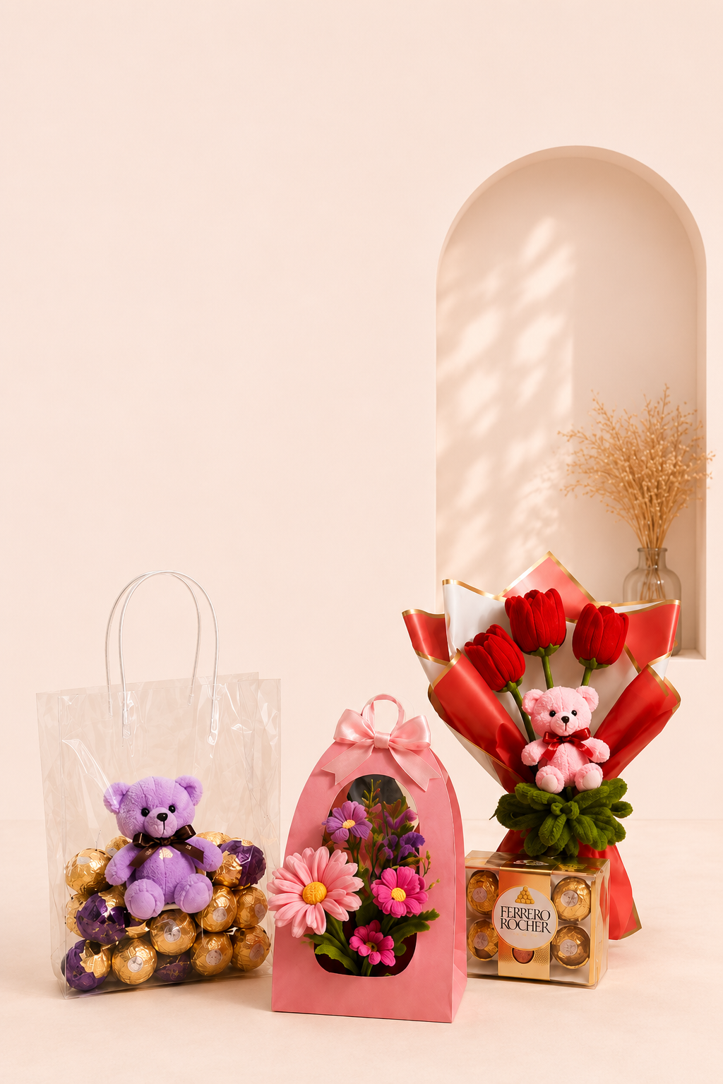 Handmade pipecleaner bouquets, plush bears and Ferrero Rocher gifts by Arwa Flora